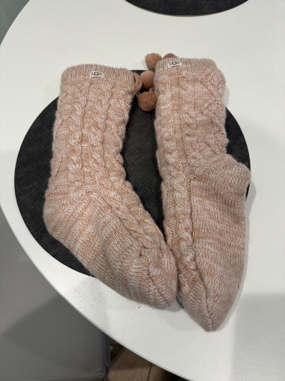 UGG Women's Cable Knit Sock Slippers with Pom Pom & Faux Fur Lining